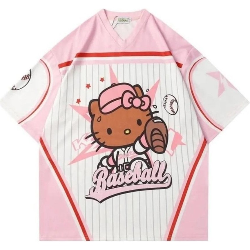 Touz Moda Pembe Kitty V Yaka Forma Kadın Günlük TShirt Kısa Kol Pamuklu Regular Fit Bayan T-shirt Fiyatı