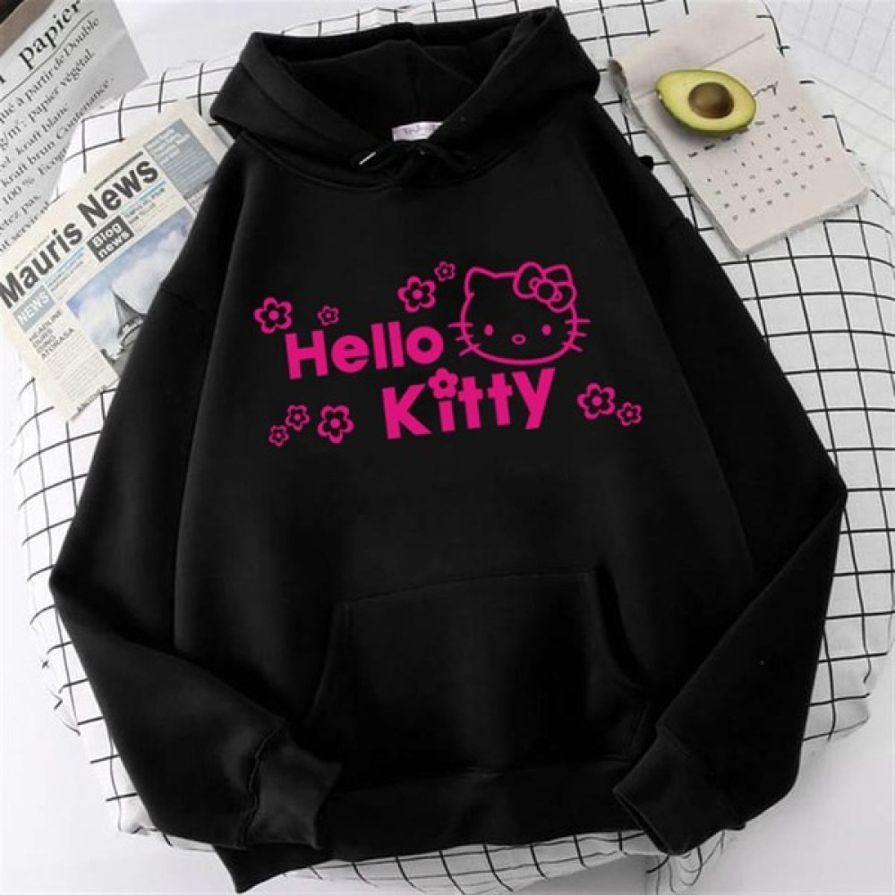 Touz Moda Pink Hello Kitty Siyah Kapüşonlu Sweatshirt Bayan Sweatshirt Fiyatı