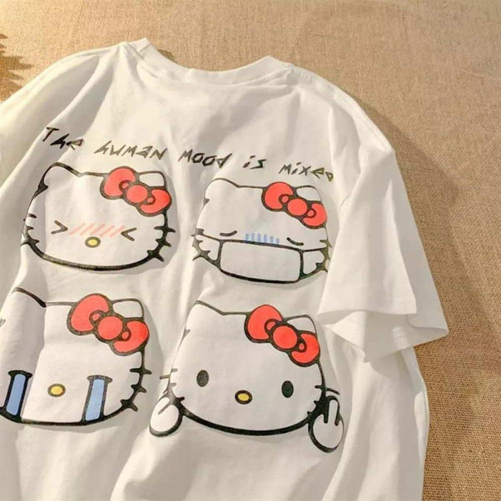 Touz Moda Sick Hello Kitty Collages Sırt Baskılı Beyaz Unisex Oversize T-Shirt Bayan T-shirt Fiyatı