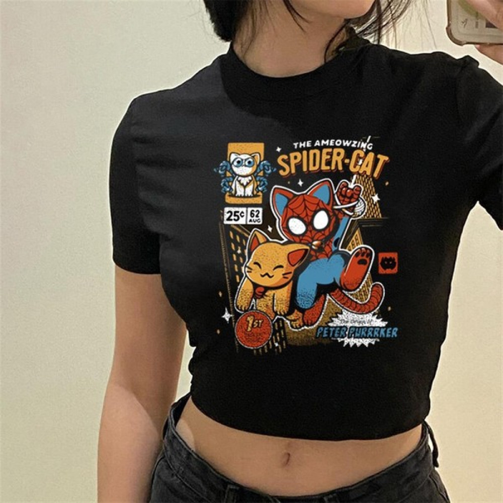 Touz Moda Spider-Cat Baskılı Siyah Crop Bluz Fiyatı