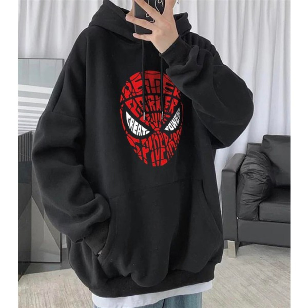 Touz Moda Spider-Man Head Baskılı Siyah Unisex Oversize Kapüşonlu Sweatshirt Bayan Sweatshirt Fiyatı