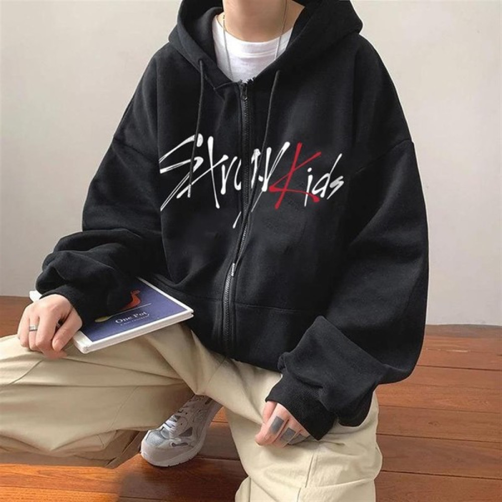 Touz Moda Stray Kids Baskılı Oversize Fermuarlı Siyah Unisex Kapüşonlu Hırka Bayan Sweatshirt Fiyatı