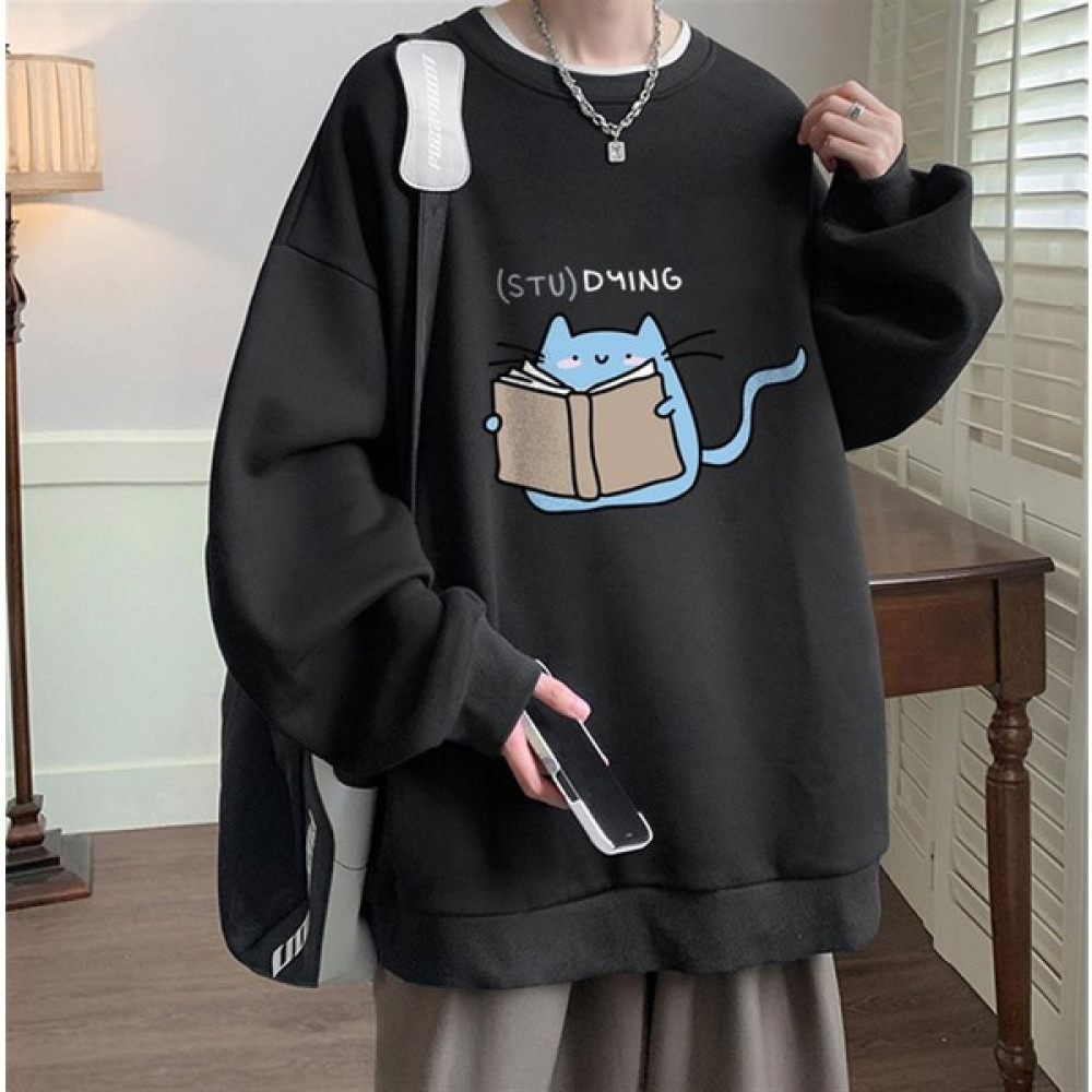 Touz Moda Studying Baskılı Siyah Unisex Oversize Bisiklet Yaka Sweatshirt Bayan Sweatshirt Fiyatı
