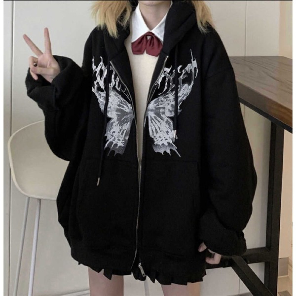 Touz Moda Touz Harajuku Butterfly Siyah (Unisex) Fermuarlı Kapşonlu Bayan Sweatshirt Fiyatı