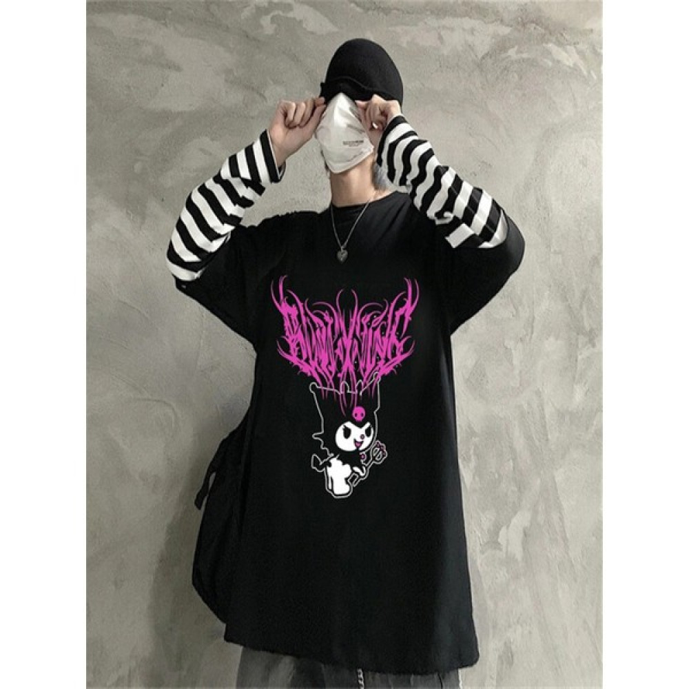 Touz Moda Touz Harajuku Kuromi Sanrio Çizgili Kollu Unisex T-Shirt Bayan T-shirt Fiyatı