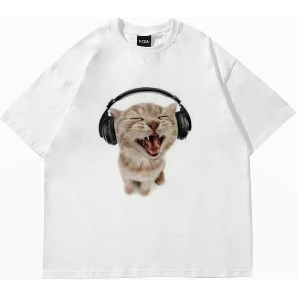 Touz Moda Y2K Kulaklıkla Müzik Dinleyen Kedi Baskılı Beyaz Unisex Oversize T-Shirt Bayan T-shirt Fiyatı