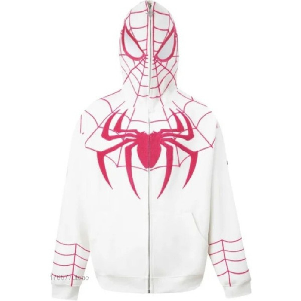 Touz Moda Y2K Streetwear Spider Web Oversize Fermuarlı Beyaz Unisex Kapüşonlu Hırka Bayan Sweatshirt Fiyatı