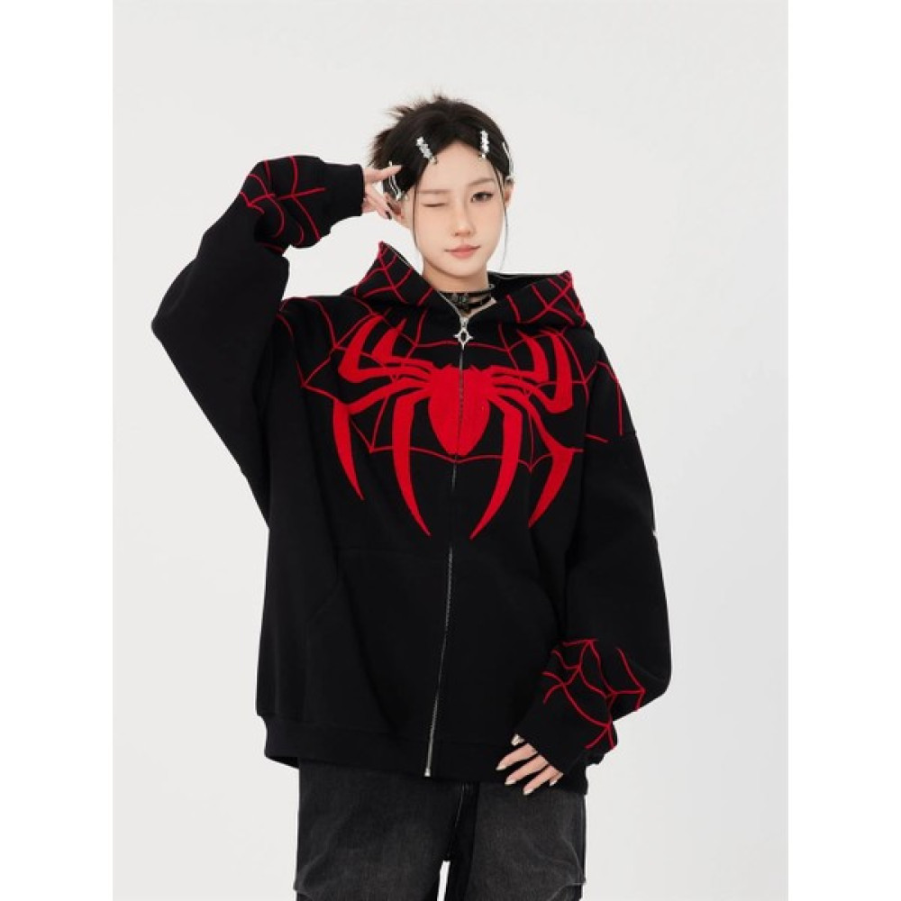 Touz Moda Y2K Streetwear Spider Web Oversize Fermuarlı Siyah Unisex Kapüşonlu Hırka Bayan Sweatshirt Fiyatı