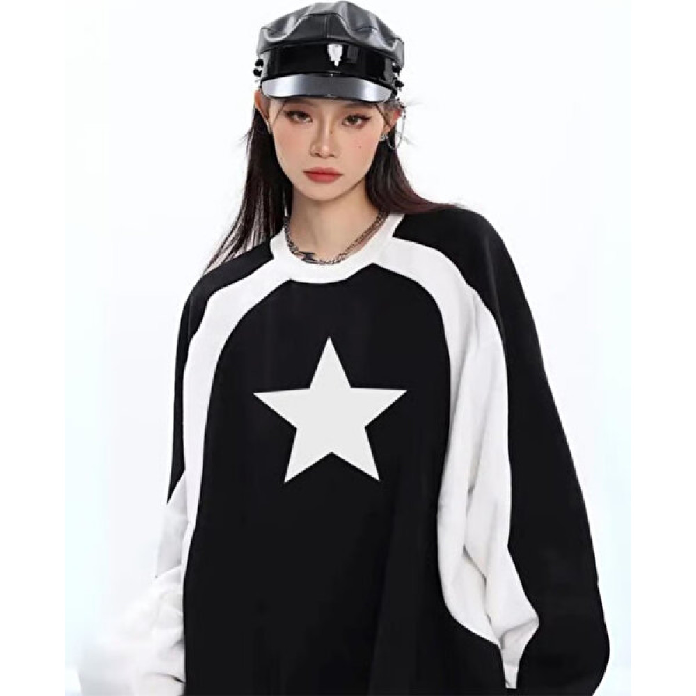 Touz Moda Y2K Streetwear Star Baskılı Siyah Unisex Oversize Bisiklet Yaka Sweatshirt Bayan Sweatshirt Fiyatı