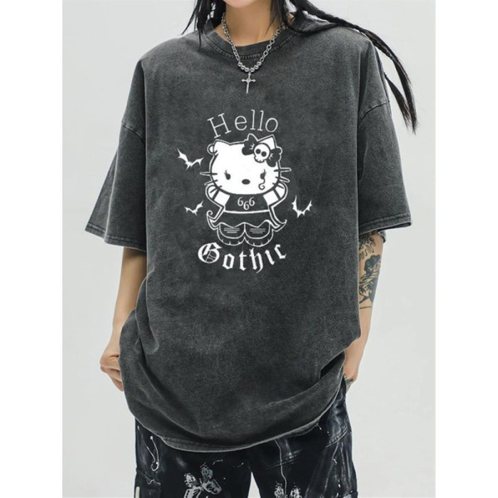 Touz Moda Yıkamalı Hello Kitty Gothic Unisex Eskitme T-Shirt Bayan T-shirt Fiyatı