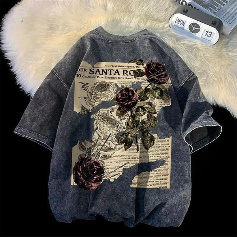 Touz Moda Yıkamalı Streetwear Rose Baskılı Unisex Oversize Vintage T-Shirt Bayan T-shirt Fiyatı