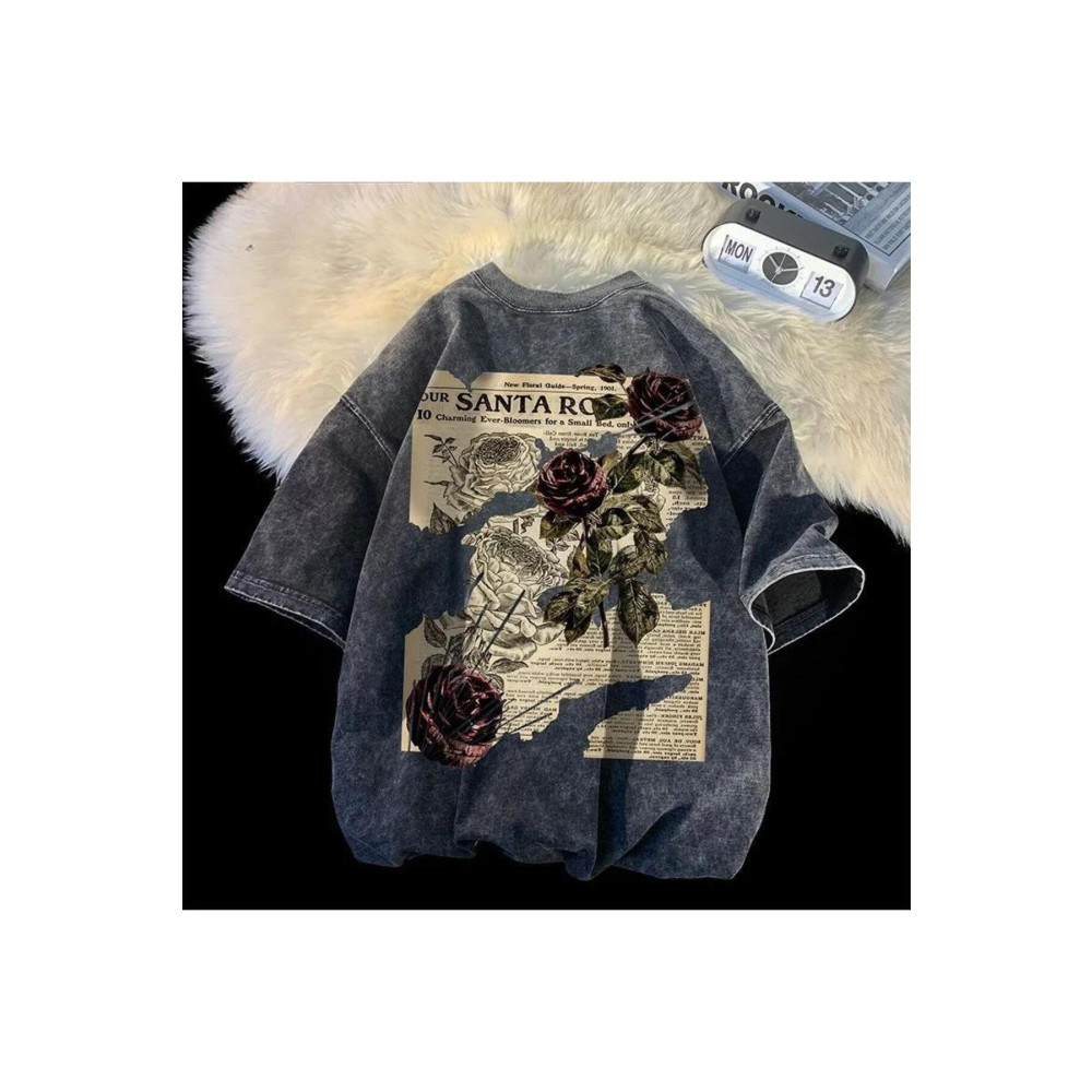 Touz Moda Yıkamalı Streetwear Rose Baskılı Unisex Oversize Vintage T-shirt L/XL Beden Bayan T-shirt Fiyatı