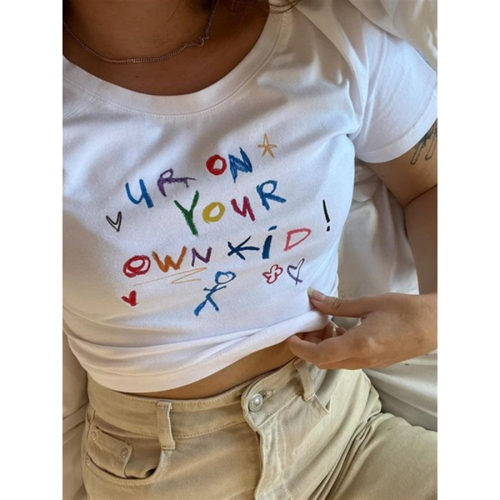 Touz Moda Your Own Kid Baskılı Beyaz Crop Bluz Fiyatı
