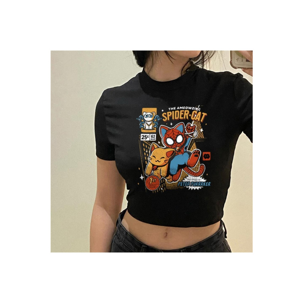 Touz Spider-cat Baskılı Siyah Crop M-L Beden Bluz Fiyatı