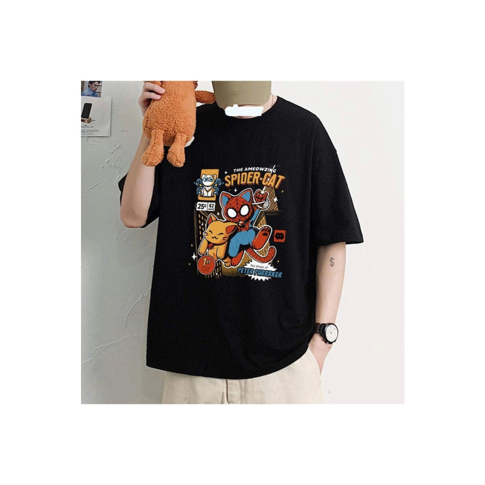 Touz Spider-cat Baskılı Siyah Unisex Oversize T-shirt S-M Beden Bayan T-shirt Fiyatı