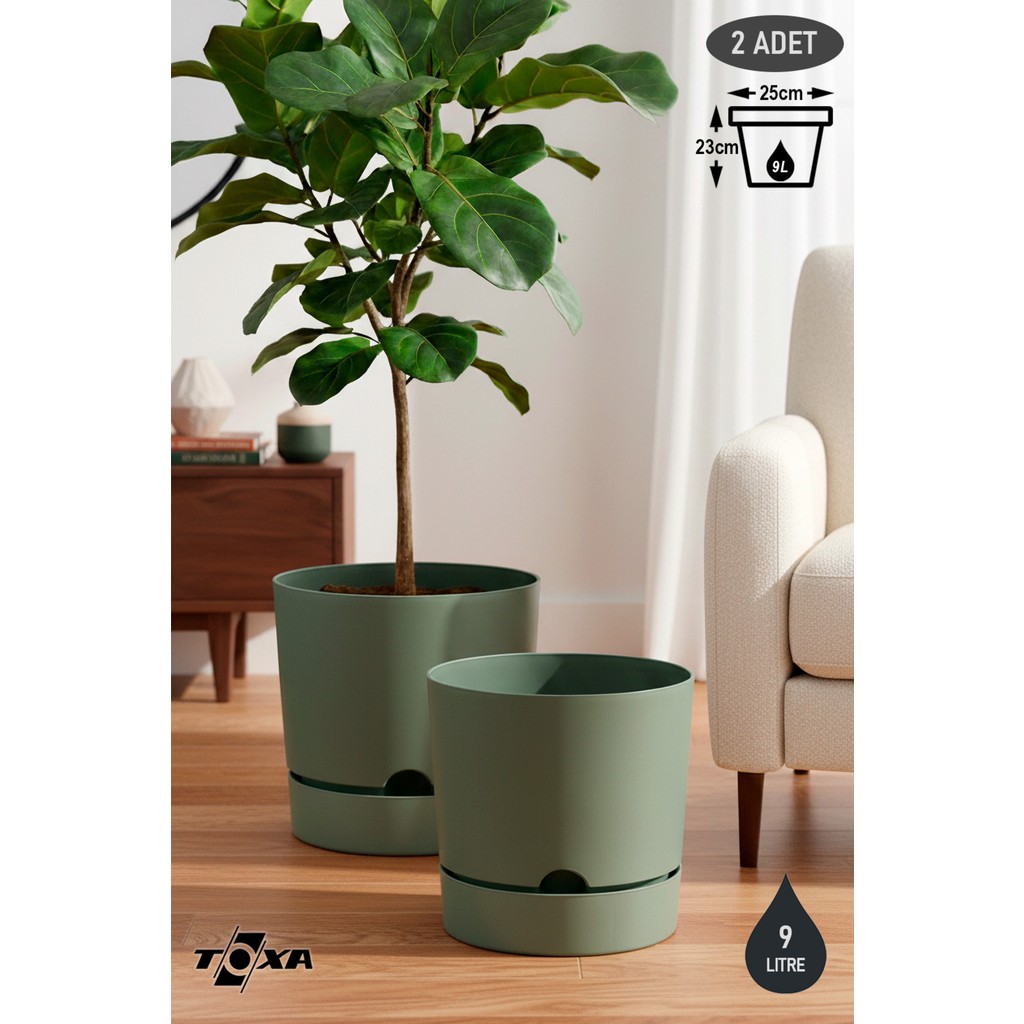 ToXA 2 Adet 9 Litre Begonya Saksı Seti 25cm Mat Plastik Drenajlı Tabaklı Çiçek Saksısı Set - Yeşil - 9L Set Saksı ve Aksesuarları Fiyatı