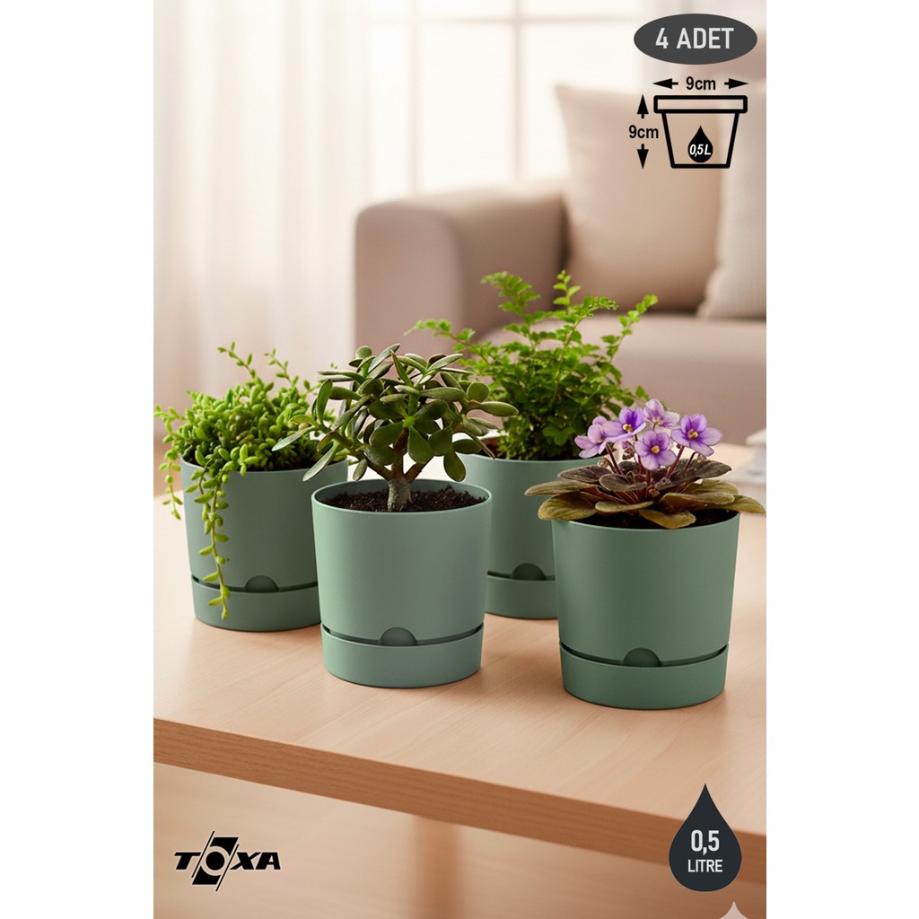 ToXA 4 Adet 0,5 Litre Begonya Saksı Seti 9cm Mat Plastik Drenajlı Tabaklı Çiçek Saksısı Set - Yeşil - 0,5L Set Saksı ve Aksesuarları Fiyatı
