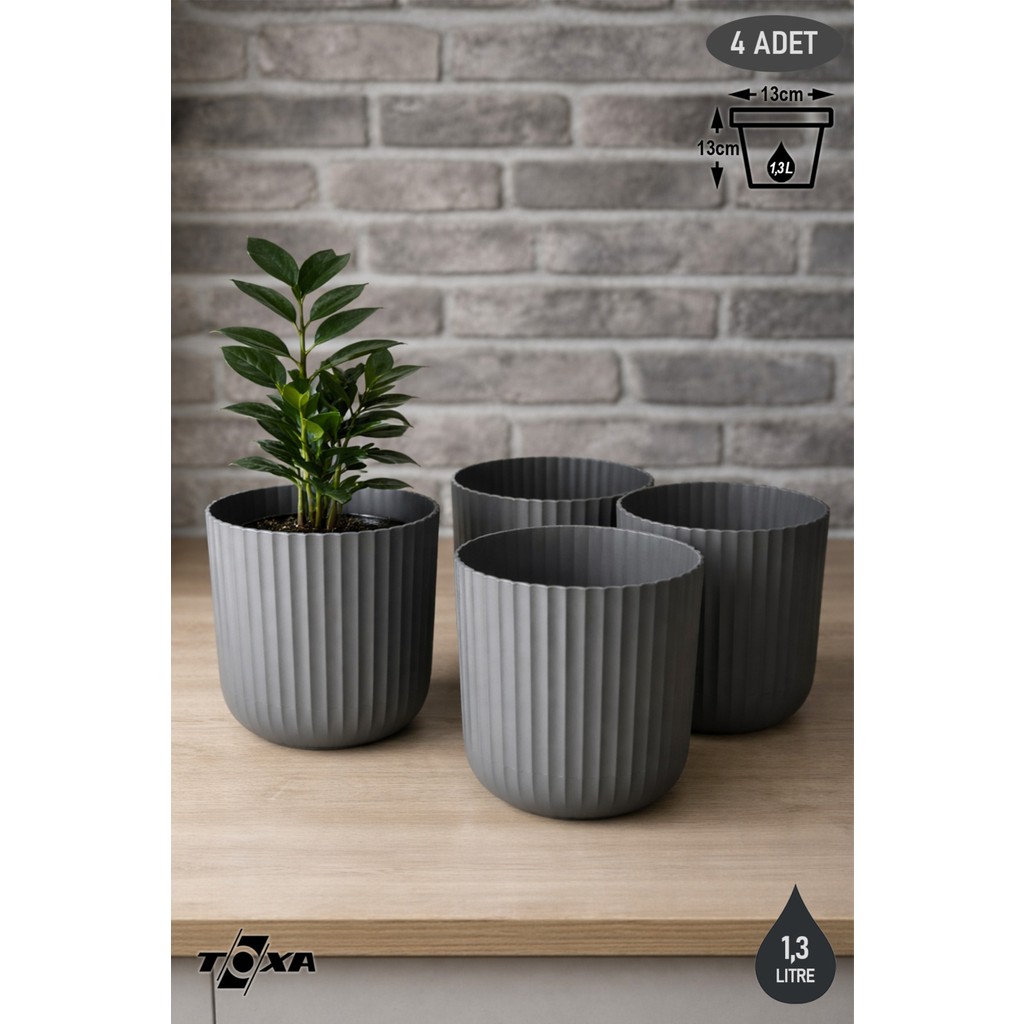 ToXA 4 Adet 1,3 Litre Sütun Saksı Seti Tabaklı Drenajlı Plastik Çiçek Saksısı - 1,3L Set - Gri Saksı ve Aksesuarları Fiyatı