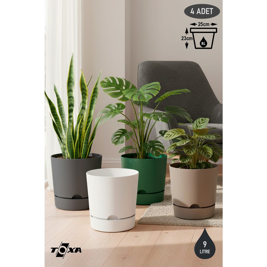 ToXA 4 Adet 9 Litre Begonya Saksı Seti 25cm Mat Plastik Drenajlı Tabaklı Çiçek Saksısı Set - Renkli - 9L Set Saksı ve Aksesuarları Fiyatı