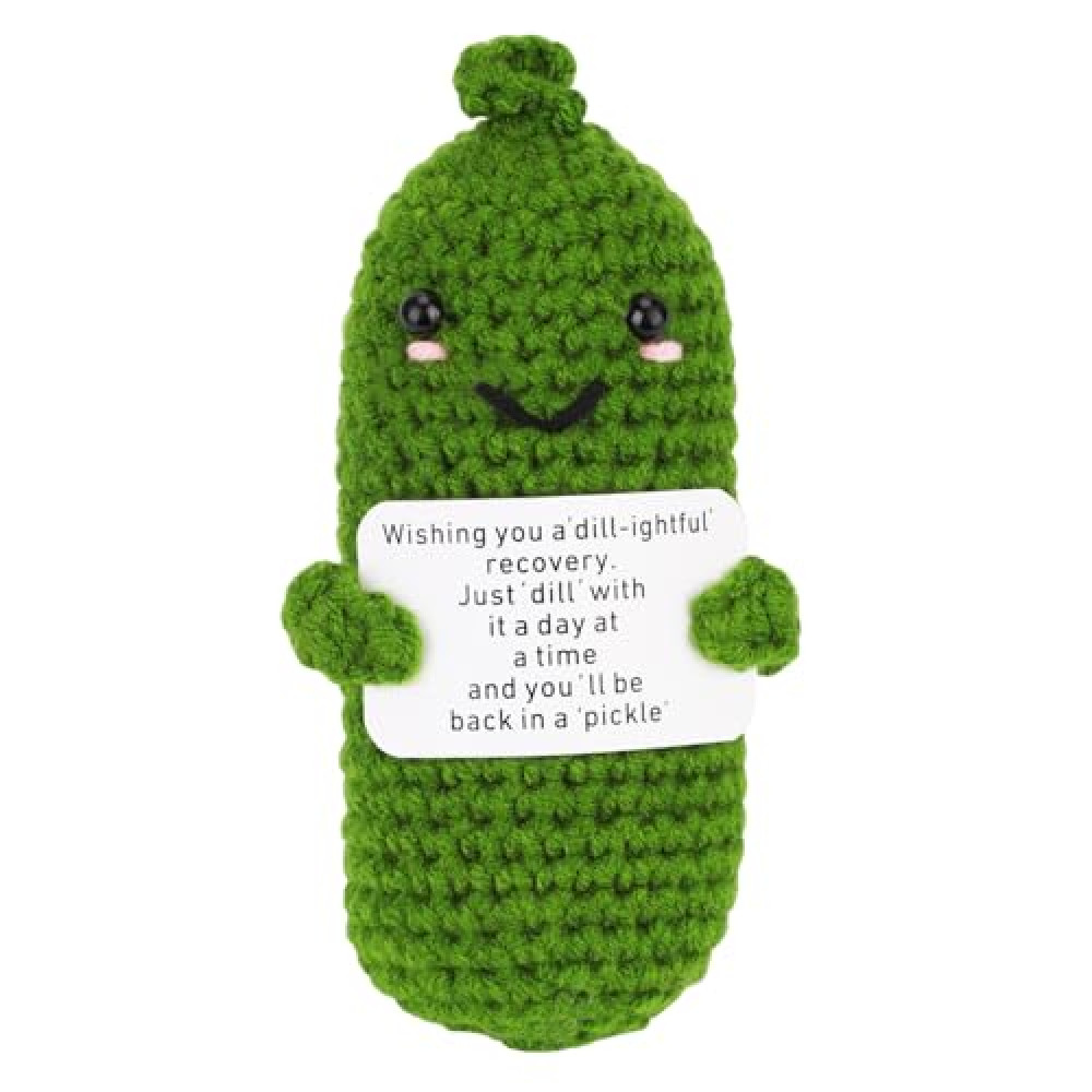TOYMIS Get Well Soon Pickle, Green Funny Positive Cucumber with Card Woolen Yarn Gifts for Family & Friends After Surgery Knitted Emotional Crochet Doll Healing Gift for Encouragement Support