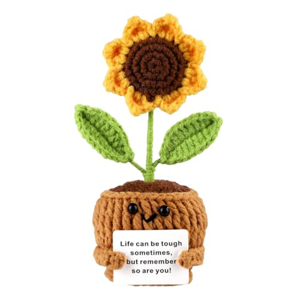 TOYMIS Positive Sunflower, Positive Crochet Potted Plant Emotional Sun Flower Support Crochet Knitted Sunflower Crochet Sunflower with Positive Note for Party Decoration Motivational Gift
