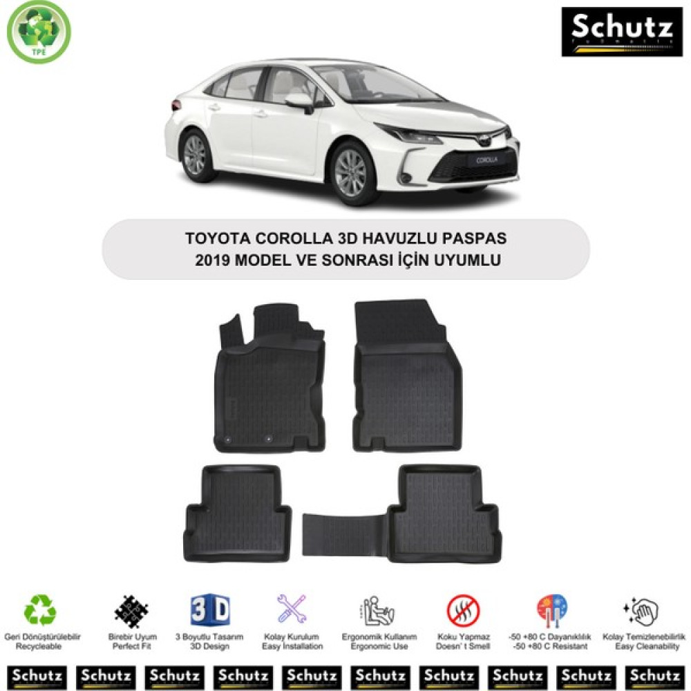 Toyota Corolla 2019 Model ve Sonrası Için Uyumlu 3D Havuzlu Oto Paspas - Siyah Oto Boyaları Fiyatı