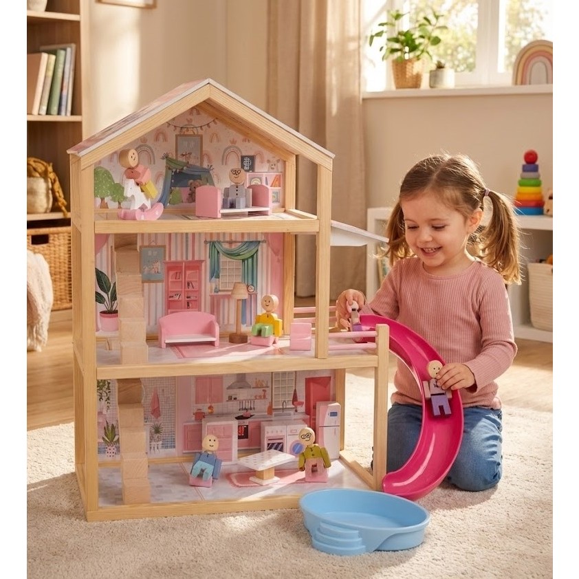 Toysilla Ahşap Bebek Evi - 3 Katlı, Full Eşyalı, 3 adet insan figürü Kaydıraklı ve Havuzlu Oyun Seti - pembe Diğer Fiyatı