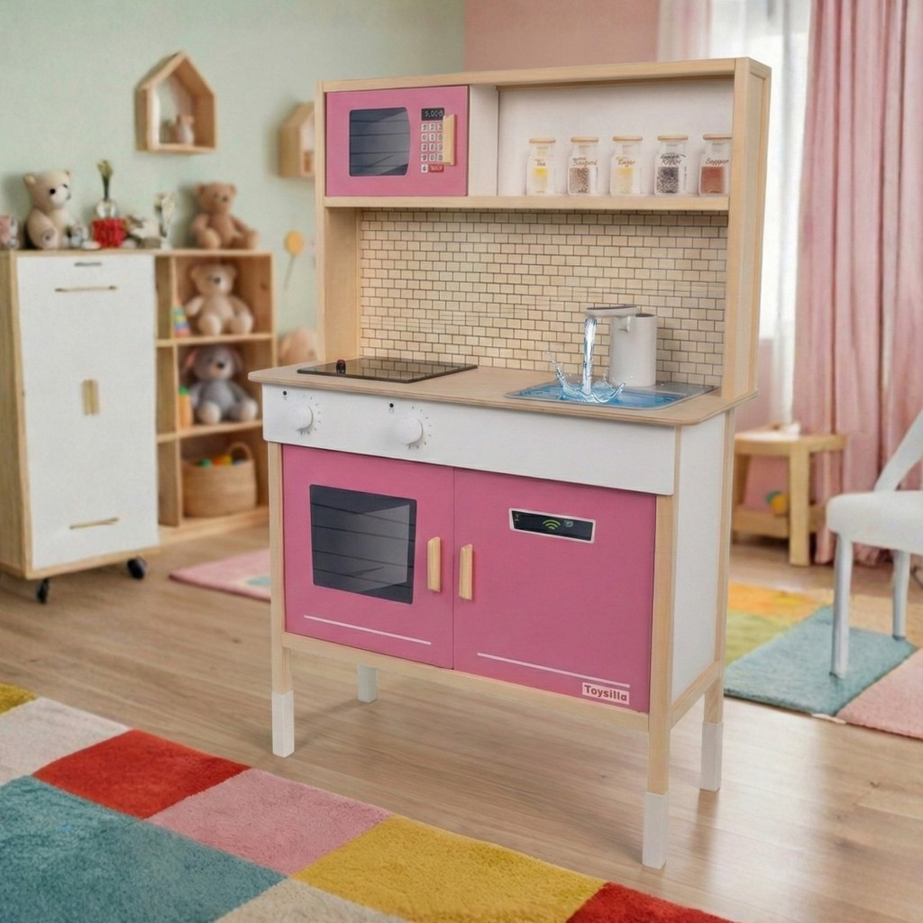 Toysilla Su Akan Musluklu ve LED Işıklı Ahşap Çocuk Oyuncak Mutfak Seti - Pembe Büyük Boy Montessori Eğitici Mutfak Anne Bebek Oyuncak Fiyatı