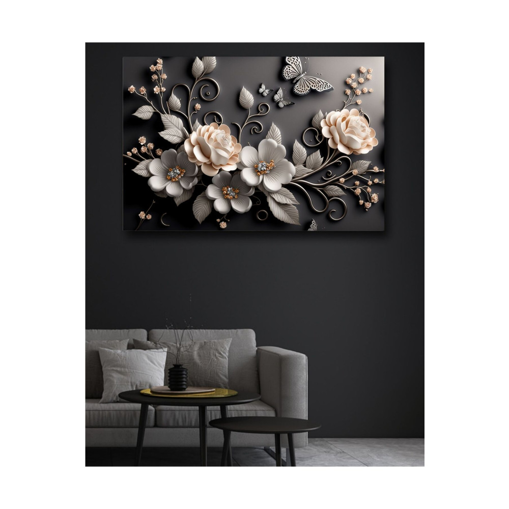TRADE AYS Kabartma Görünümlü Lüks Siyah Çiçekler Dekoratif Kanvas Duvar Tablo 90 x 120 Beden Tablo & Poster Fiyatı