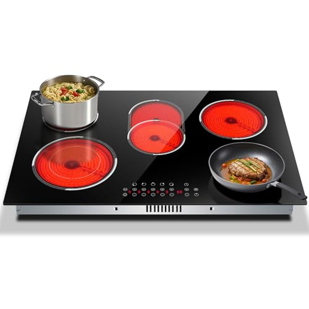 Traenvir 30 Inch Electric Cooktop, Built-in 5 Burner Electric Stovetop 8400W, 30" Glass Ceramic Cook Top with Expanded Zone, Child Safety Lock, Timer, Pause Control, 220V - 240V Hard Wire, No Plug