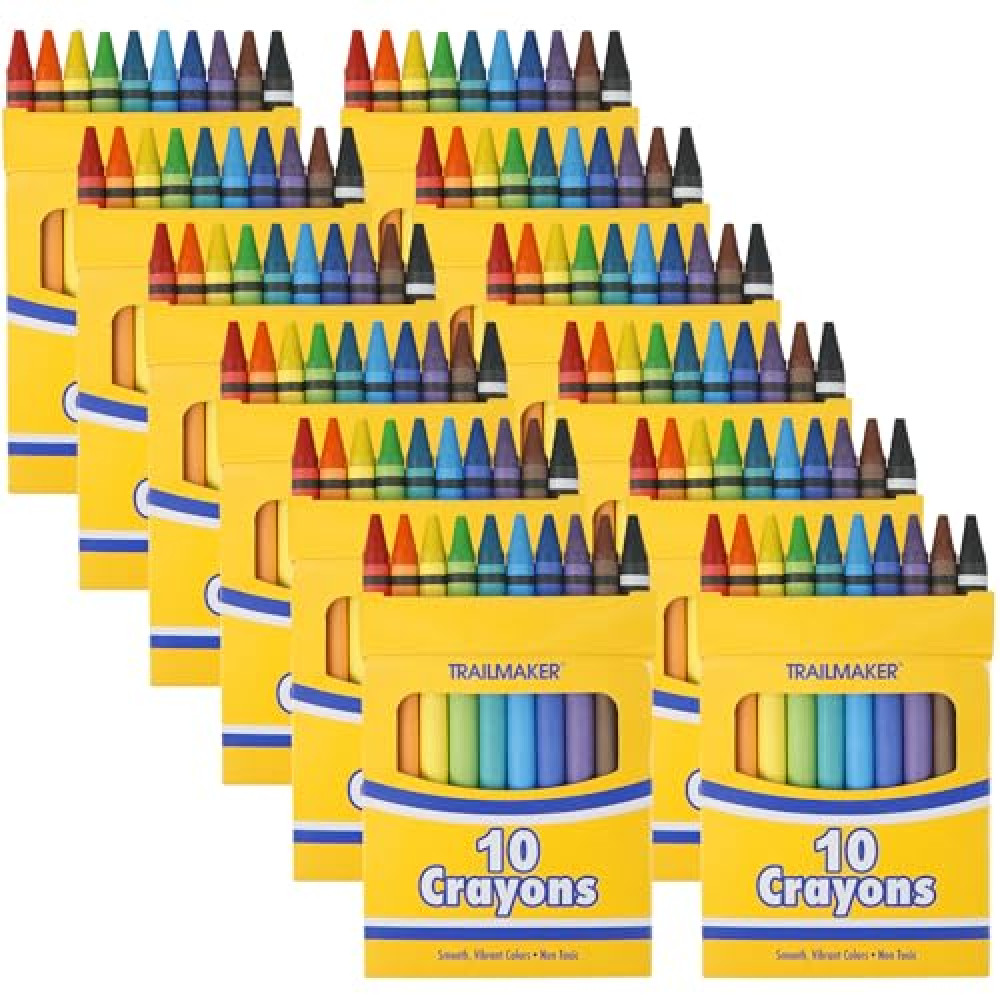 Trail maker 12 Pack Bulk Crayons | Washable Beeswax Bright Color Crayons Bulk Individual Packs, 10 Per Box, 12 Boxes Bundle Art Set Crayons for Kids, Classrooms, Restaurants