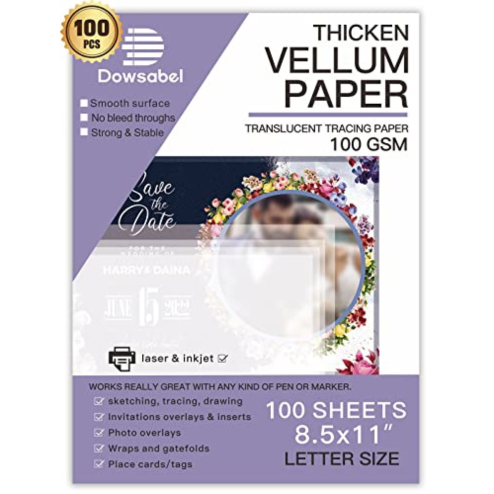 Translucent Vellum Paper, Dowsabel 68LBS 8.5 x 11 inches Printable Vellums for Card Overlays, Invitations Belly Bands, Envelope, Lantern,50 Sheets