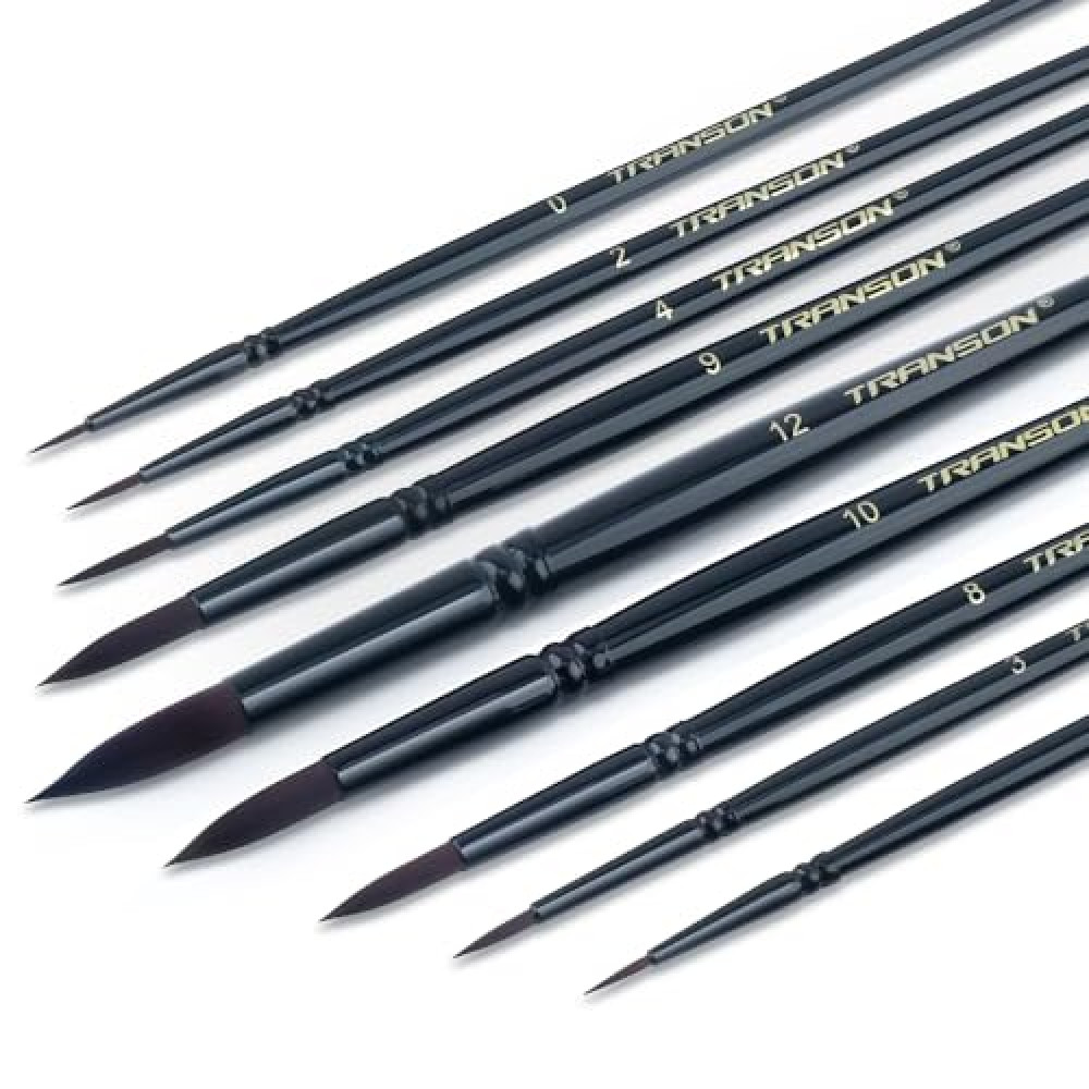Transon Round Paint Brush Set 9pcs Synthetic Sable Hair for Acrylic Painting Watercolor Painting Gouache Ink Craft and Detail Painting Black Color