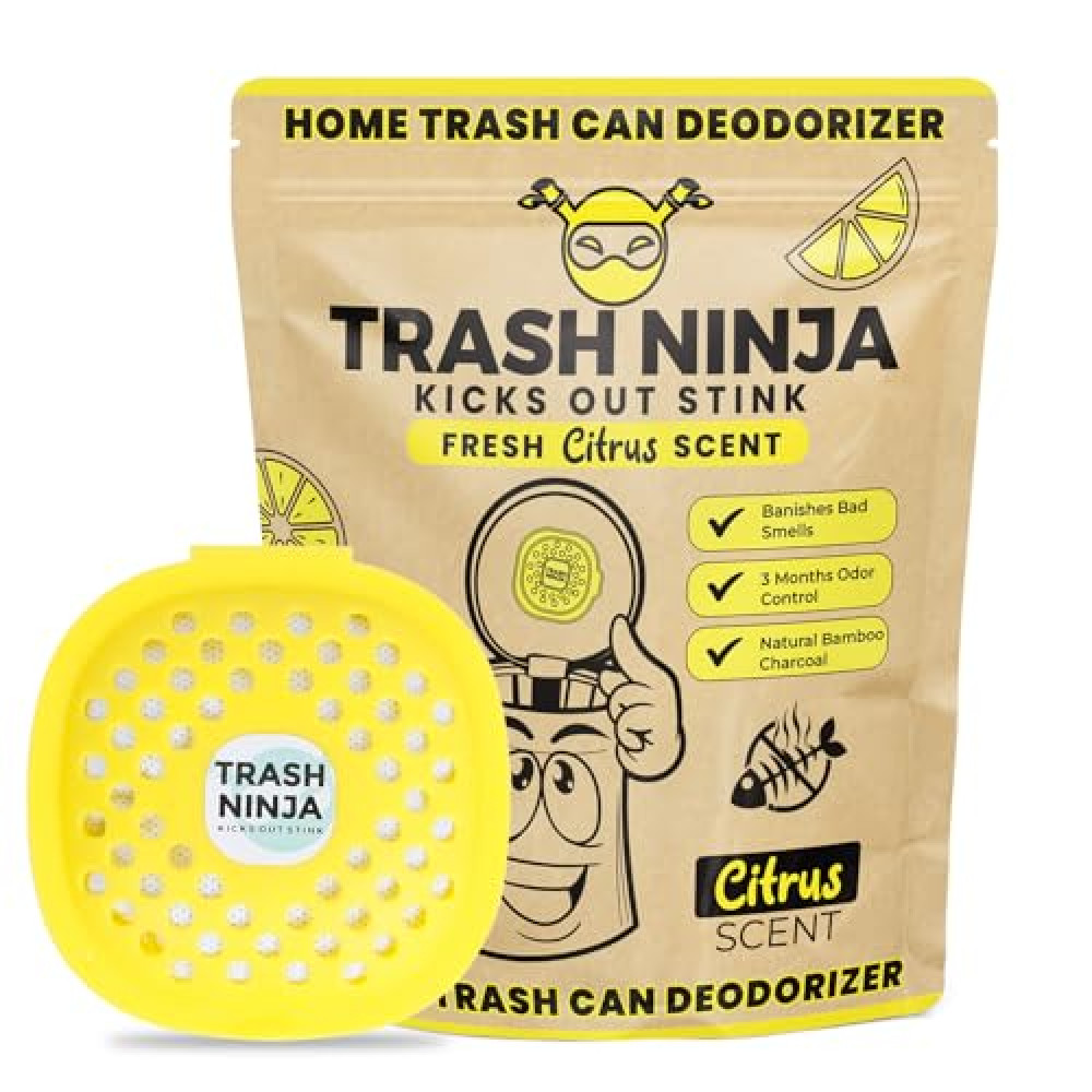 Trash Ninja Trash Can Deodorizer - Garbage Can Deodorizer with Activated Charcoal, Reusable Trash Can Odor Eliminator, Stick On Garbage Can Air Freshener, Trash Deodorizer with a Fresh Citrus Scent