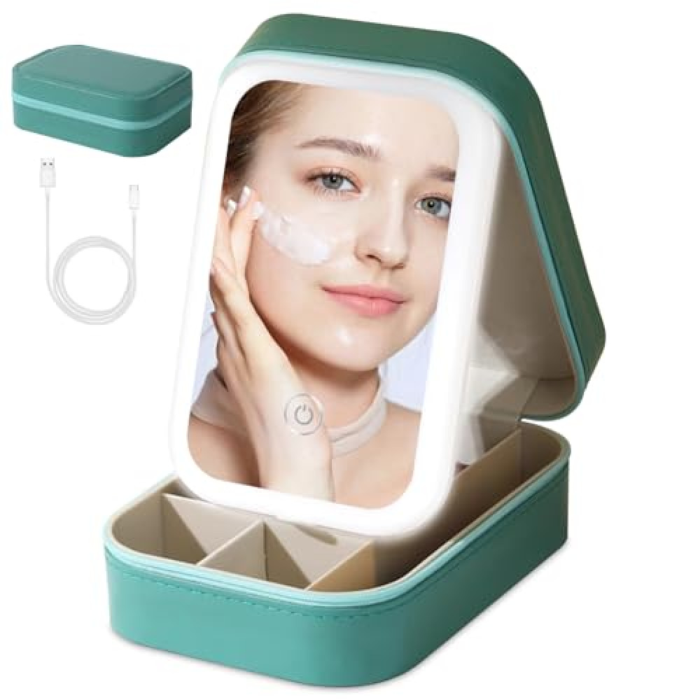 Travel Portable LED Makeup Mirror Case with 3 Adjustable Color Light Settings, Dust-Proof Jewelry Case, Cosmetic Organizer and Multi-Compartment Storage Box for Women (Green)