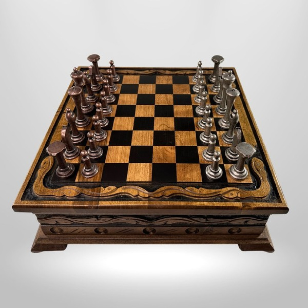 Tredy Shop MC02 Metalicraft Premium Metal Satranç Takımı - Doğal Ahşap Çekmeceli Ceviz Tahta - El Yapımı Antik Metal Taşlar - Bronze - Silver Satranç Fiyatı