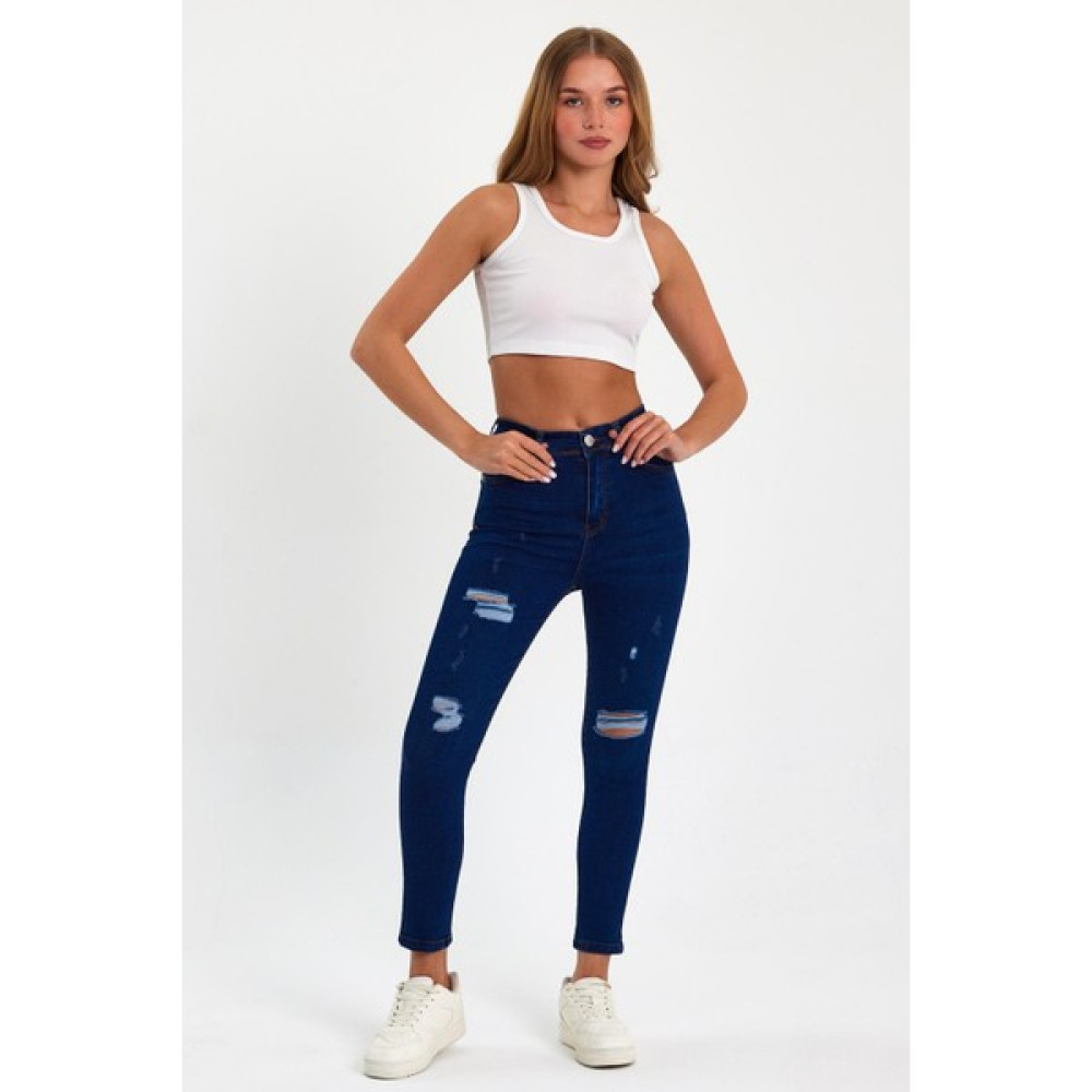Tref Jns Mavi Yırtık Yüksek Bel Dar Paça Skinny Power Likralı Kot Pantalon Mavi-Yırtık-Trefjeans-5 Kadın Pantolon Fiyatı