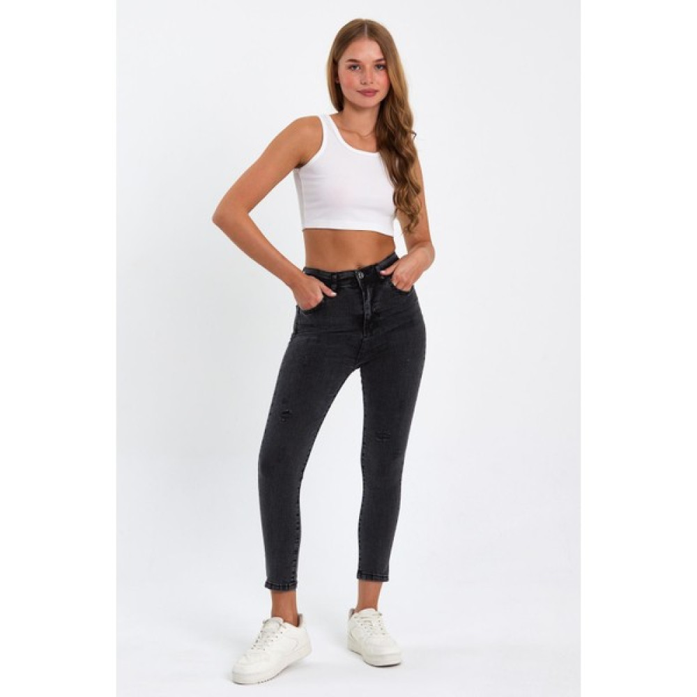 Tref Jns Siyah Likralı Yırtık Yüksek Bel Dar Paça Skinny Power Likralı Kot Pantalon TREF-SIYAH-JEANS-911112 Kadın Pantolon Fiyatı