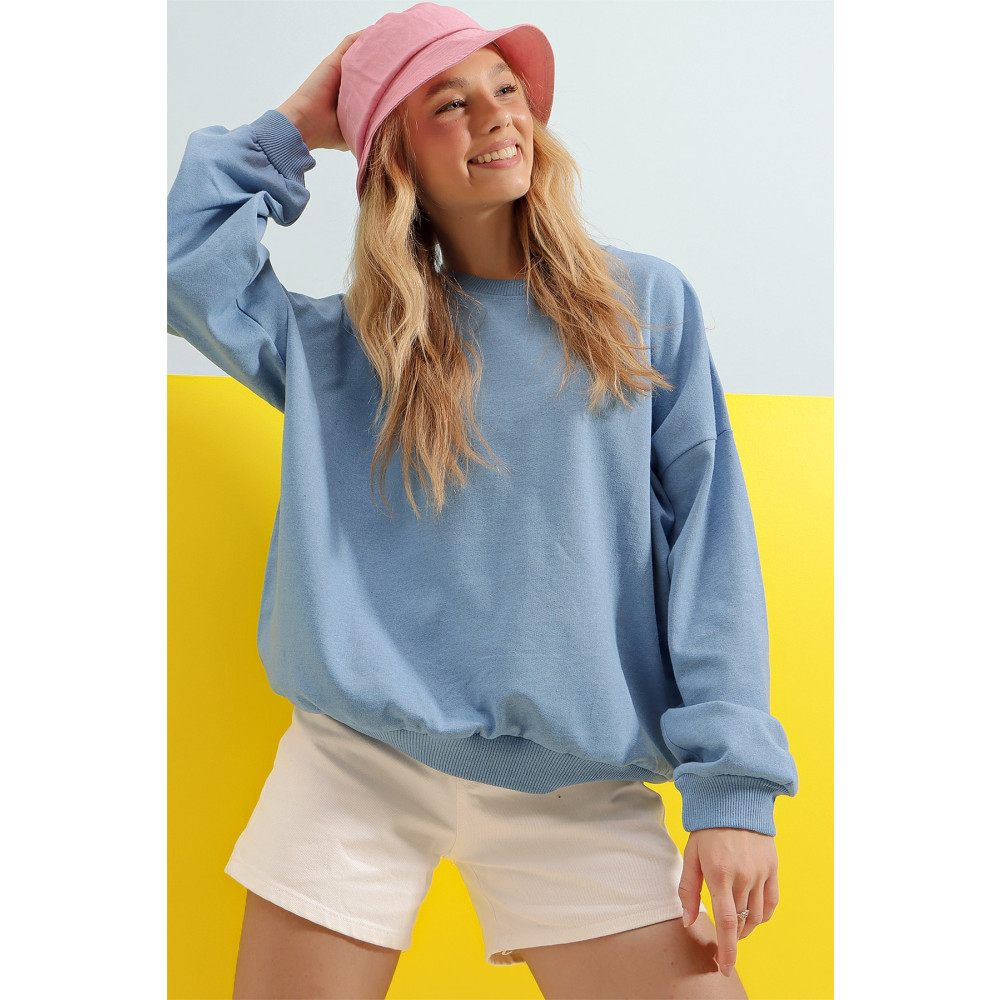 Trend Alaçatı Stili Kadın Gök Mavi Bisiklet Yaka Oversize Basic Sweatshirt XL Beden Bayan Sweatshirt Fiyatı