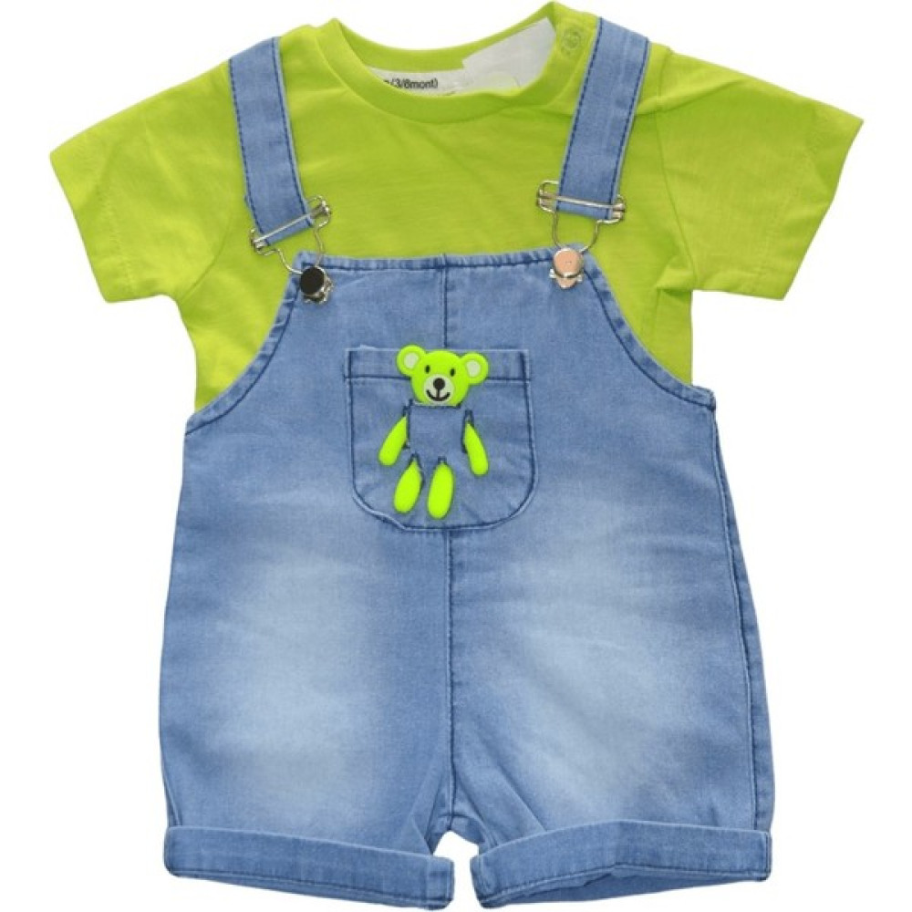 Trend All Butik Mavi Ayıcıklı Kot Salopet & Yeşil Tişört Takım Bebek Giysi Takım Fiyatı