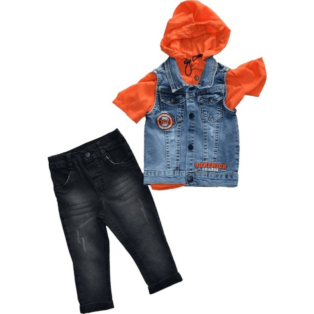 Trend All Butik Superior Mavi Kot Yelek & Kapüşonlu Gömlek Tişört & Siyah Kot Pantolon Takım Bebek Giysi Takım Fiyatı