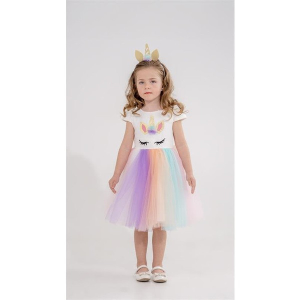 Trend Baby Kids Kız Çocuk Elbise Unicorn Baskılı Tül Etekli 7-10 Yaş Kız Çocuk Elbise Fiyatı