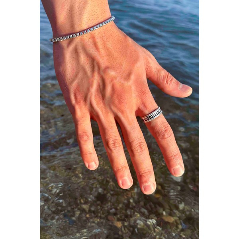Trend Collection Antik Çizgi Şerit Desenli Gümüş Kaplama Ayarlanabilir Klasik Erkek Alyans Yüzük ve Bileklik Set - Standart Gümüş Yüzük Fiyatı
