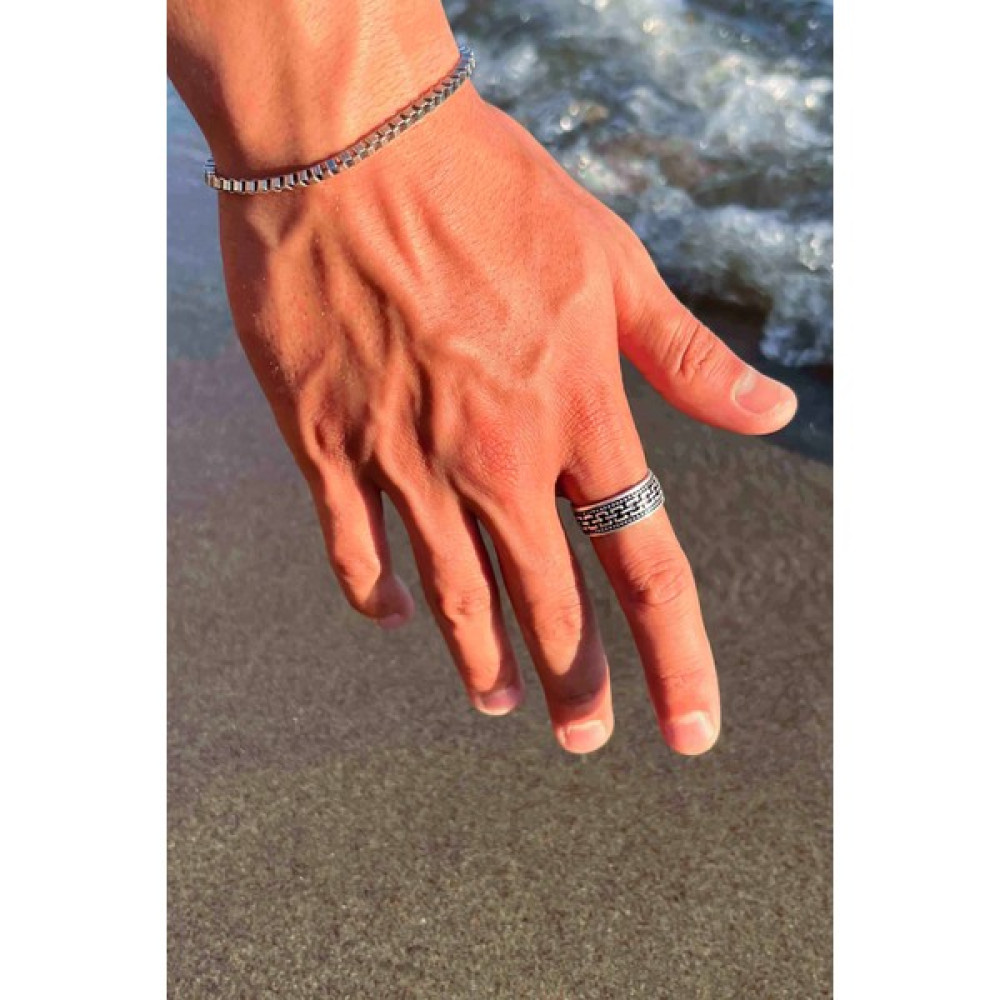Trend Collection Antik Roma Zincir Desen Gümüş Kaplama Ayarlanabilir Erkek Yüzük ve Bileklik Set - Standart Gümüş Yüzük Fiyatı