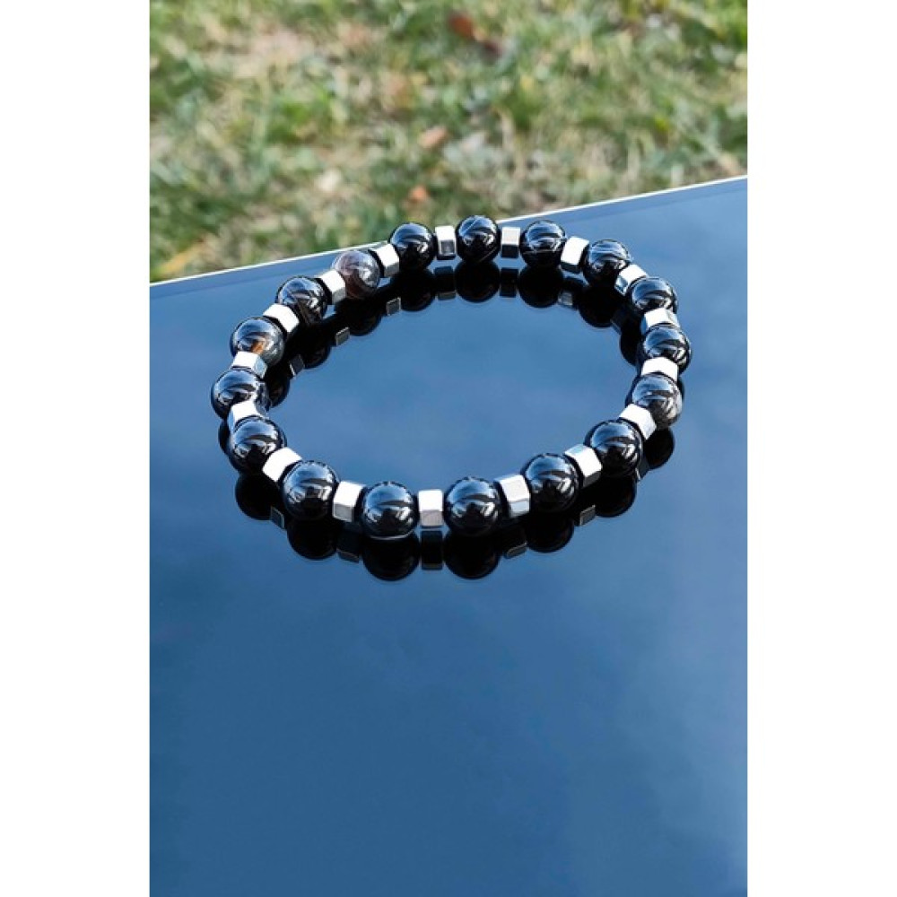 Trend Collection Siyah Akik Hematit Detaylı Doğal Taş Ayarlanabilir Erkek Bileklik Saat ve Bileklik Aksesuarı Fiyatı