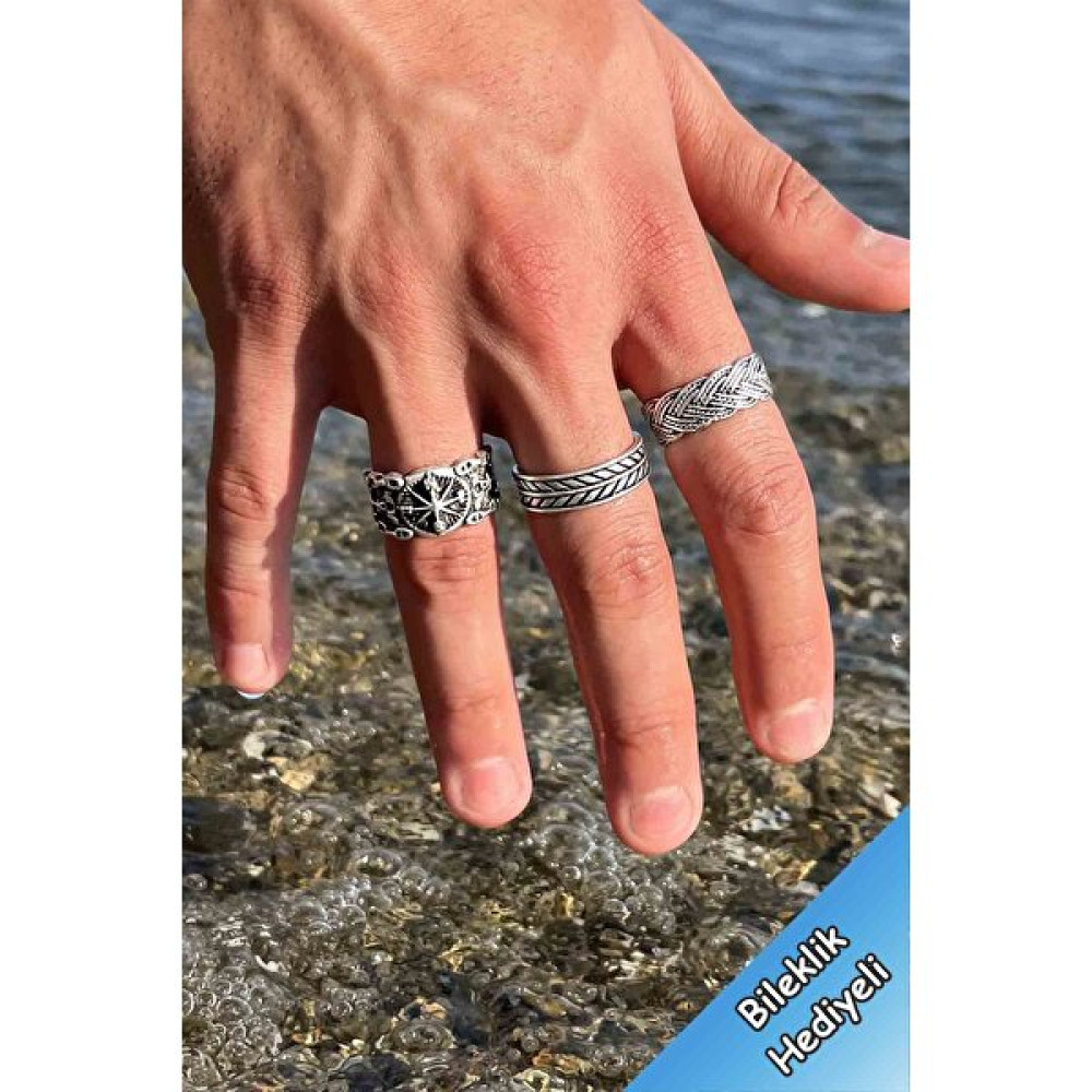 Trend Collection Unisex Model Gümüş Kaplama Sezar Pusula Hasır Model Ayarlanabilir 3'lü Yüzük Set - Standart Yüzükler Fiyatı