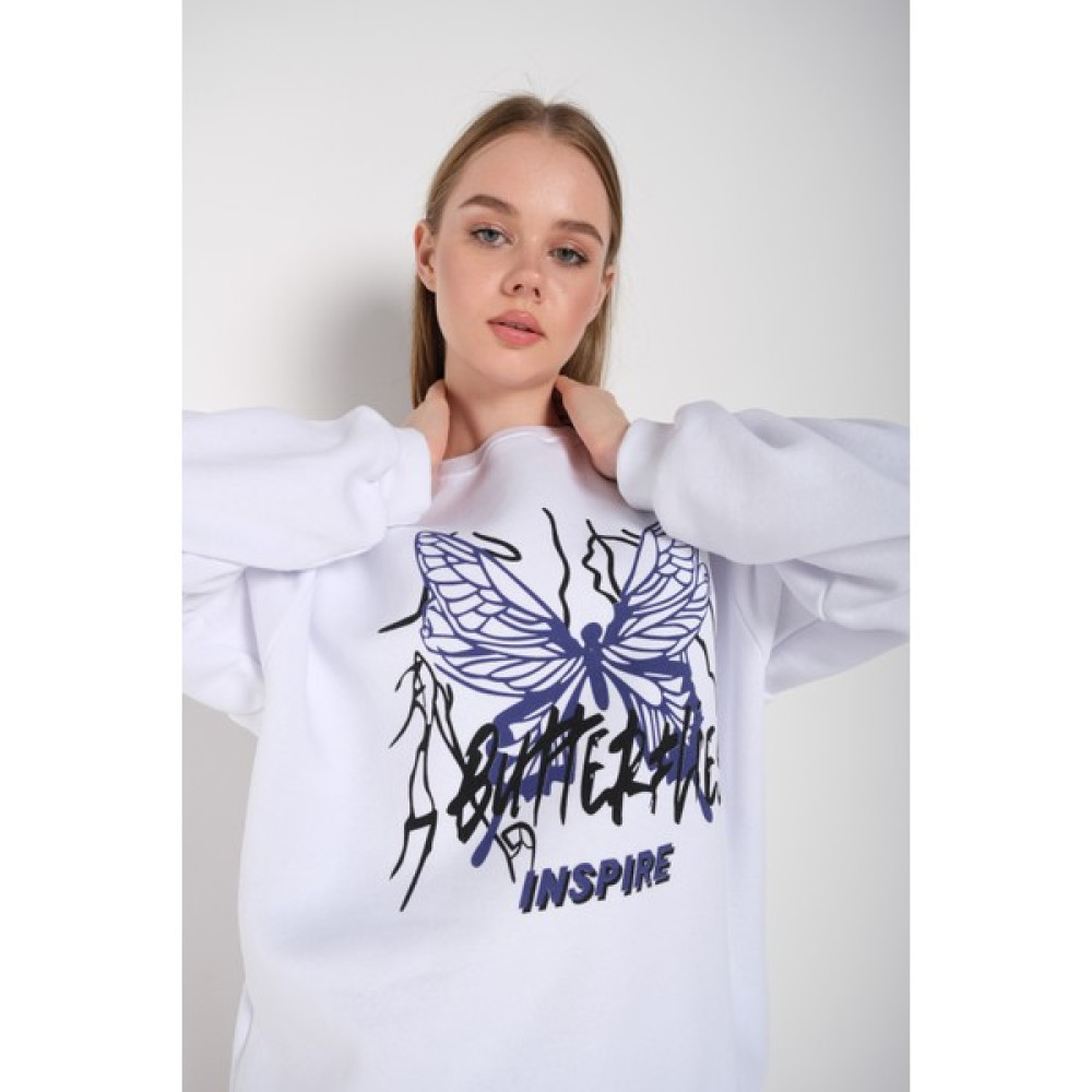 Trend Seninle Kadın Butterflies Inspire Baskılı Oversize Sweatshirt Bayan Sweatshirt Fiyatı