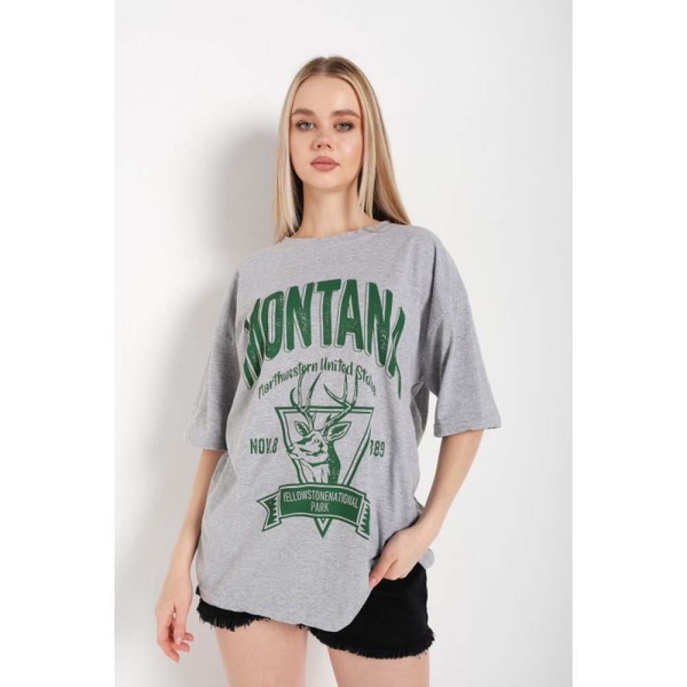 Trend Seninle Kadın Gri Montana Baskılı Oversize T-Shirt Bayan T-shirt Fiyatı