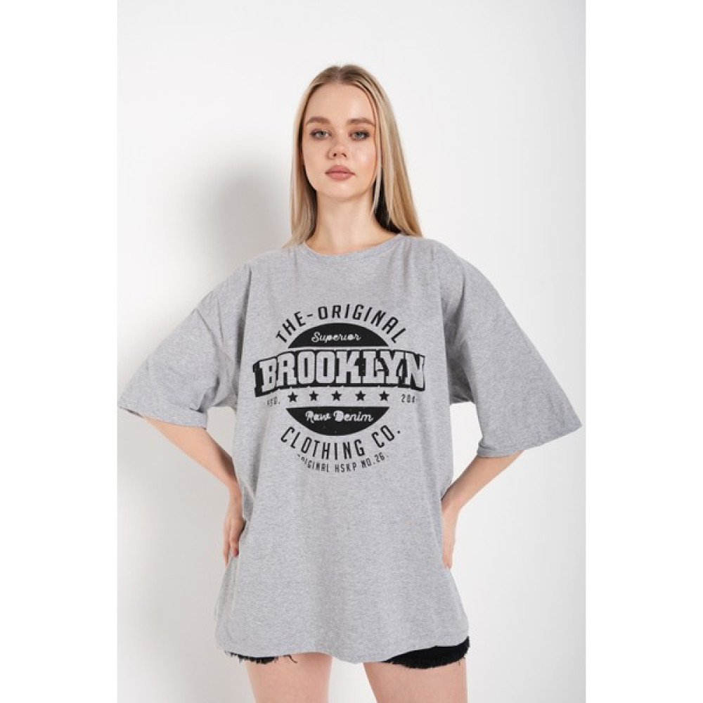 Trend Seninle Kadın Gri Oversize Brooklyn Original Tshirt Bayan T-shirt Fiyatı