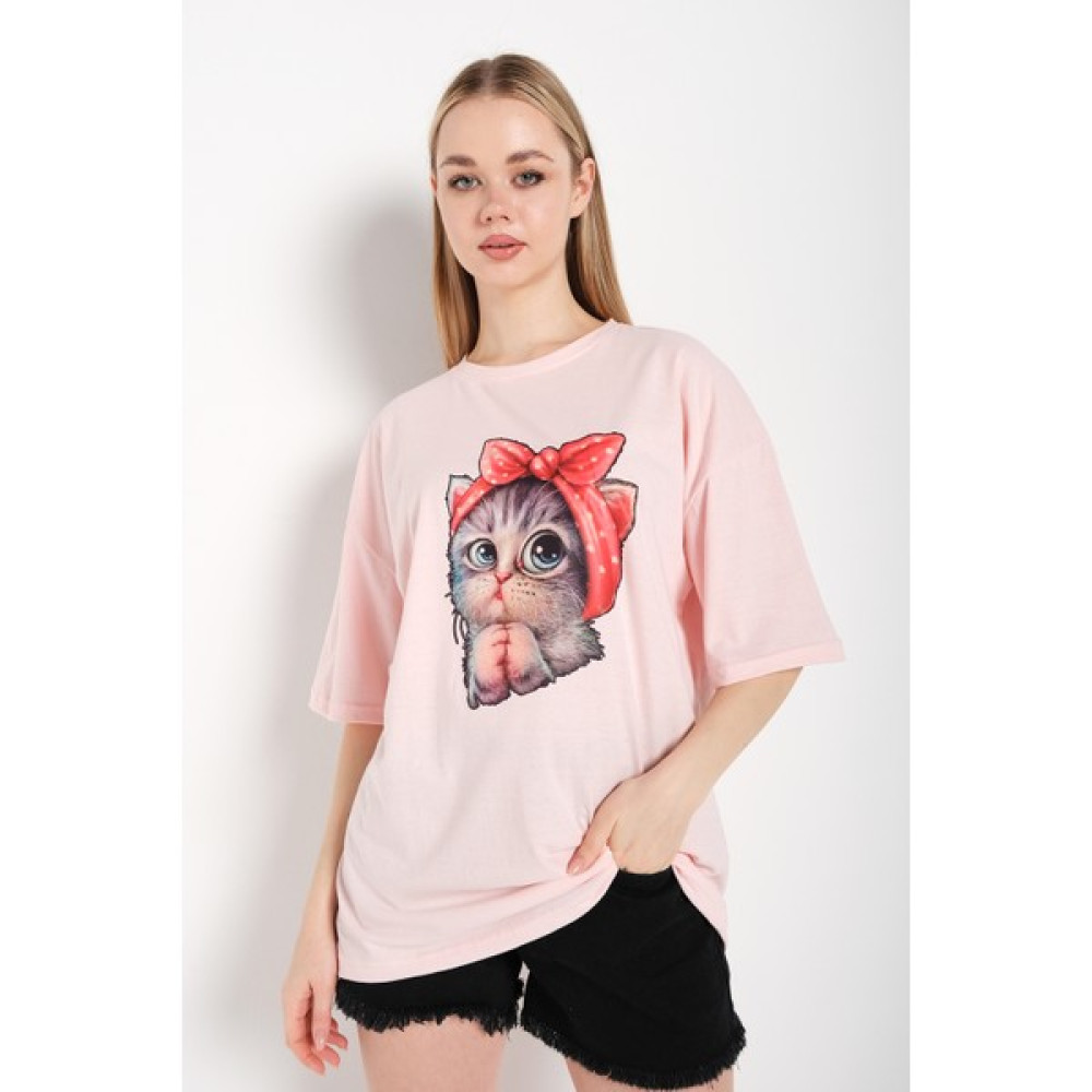 Trend Seninle Kadın Kedi Baskılı Oversize Tişört Bayan T-shirt Fiyatı